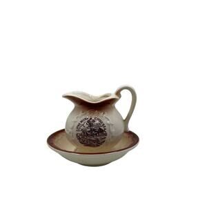 Miniature Space Needle Pitcher and Bowl Souvenir Burgandy and Cream 1960s